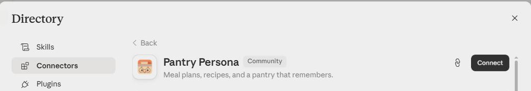 The Pantry Persona listing open in Claude's connector directory, with the Connect button at the top right
